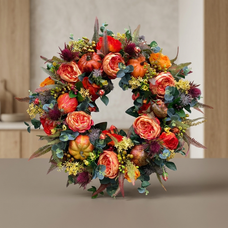 Autumn Floral Wreath with Pumpkins and Layered Foliage