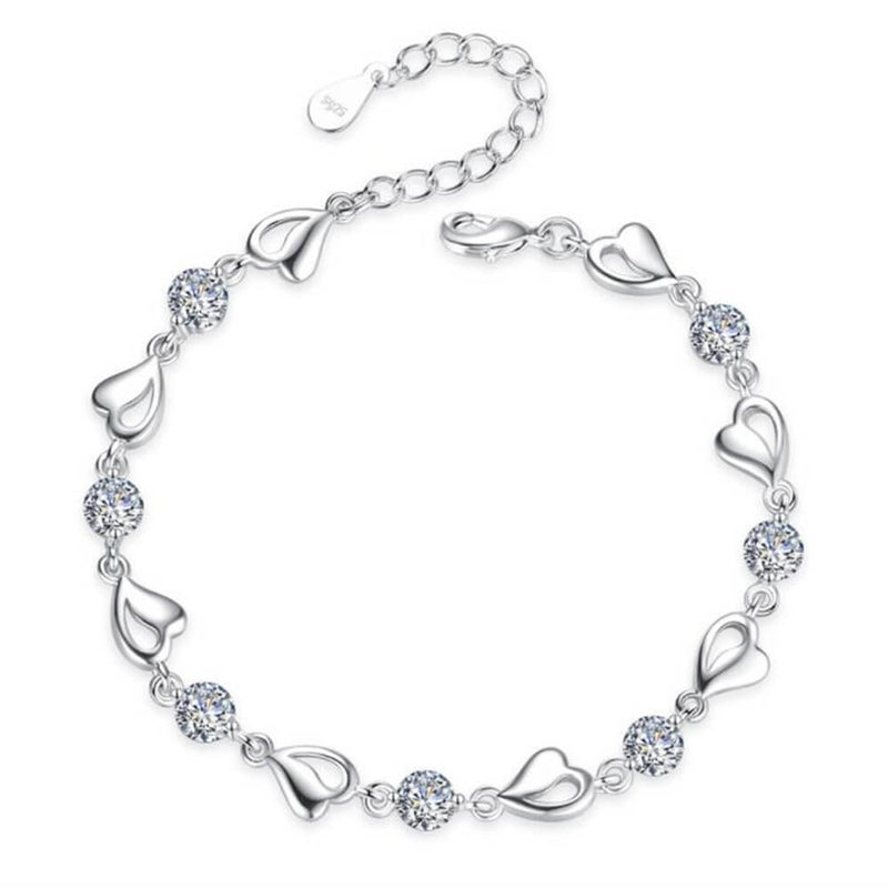 Sterling Silver Heart Link Bracelet with Stones and Adjustable Chain