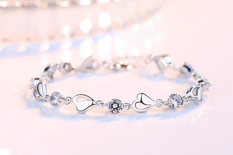 Sterling Silver Heart Link Bracelet with Stones and Adjustable Chain