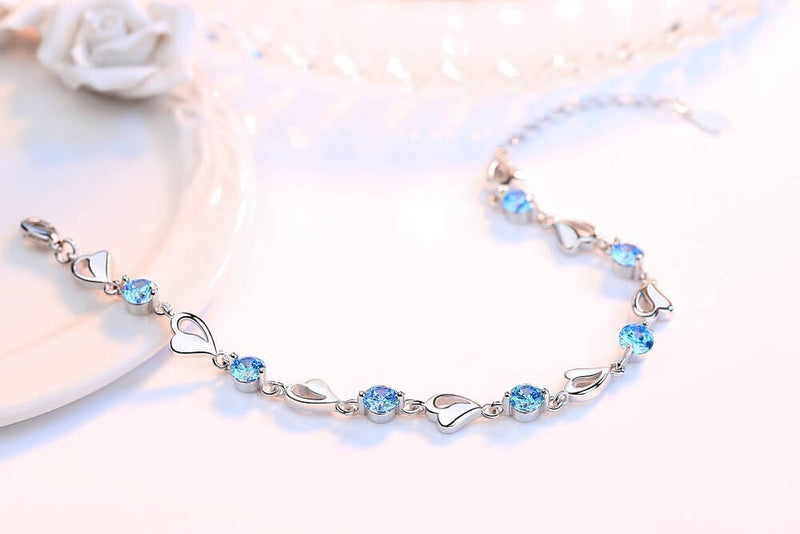 Sterling Silver Heart Link Bracelet with Stones and Adjustable Chain