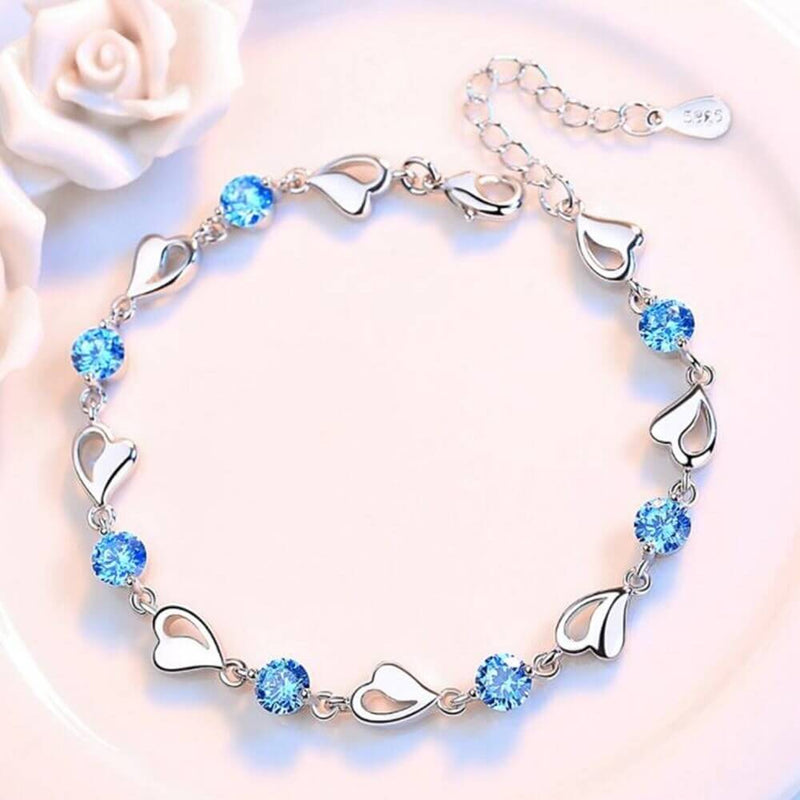Sterling Silver Heart Link Bracelet with Stones and Adjustable Chain