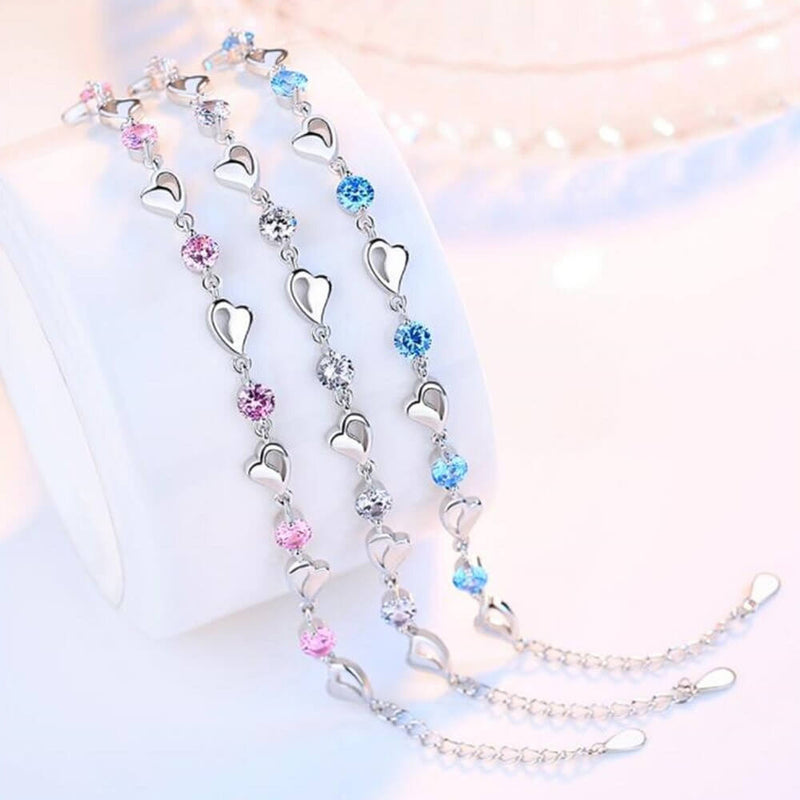 Sterling Silver Heart Link Bracelet with Stones and Adjustable Chain