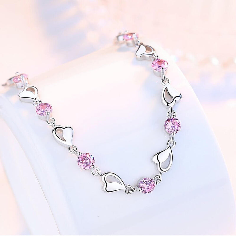 Sterling Silver Heart Link Bracelet with Stones and Adjustable Chain