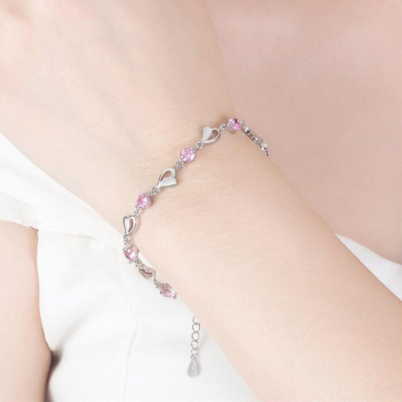 Sterling Silver Heart Link Bracelet with Stones and Adjustable Chain