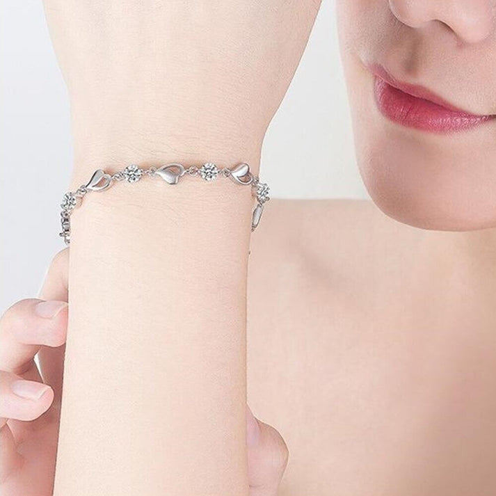 Sterling Silver Heart Link Bracelet with Stones and Adjustable Chain