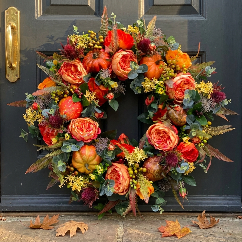 Autumn Floral Wreath with Pumpkins and Layered Foliage