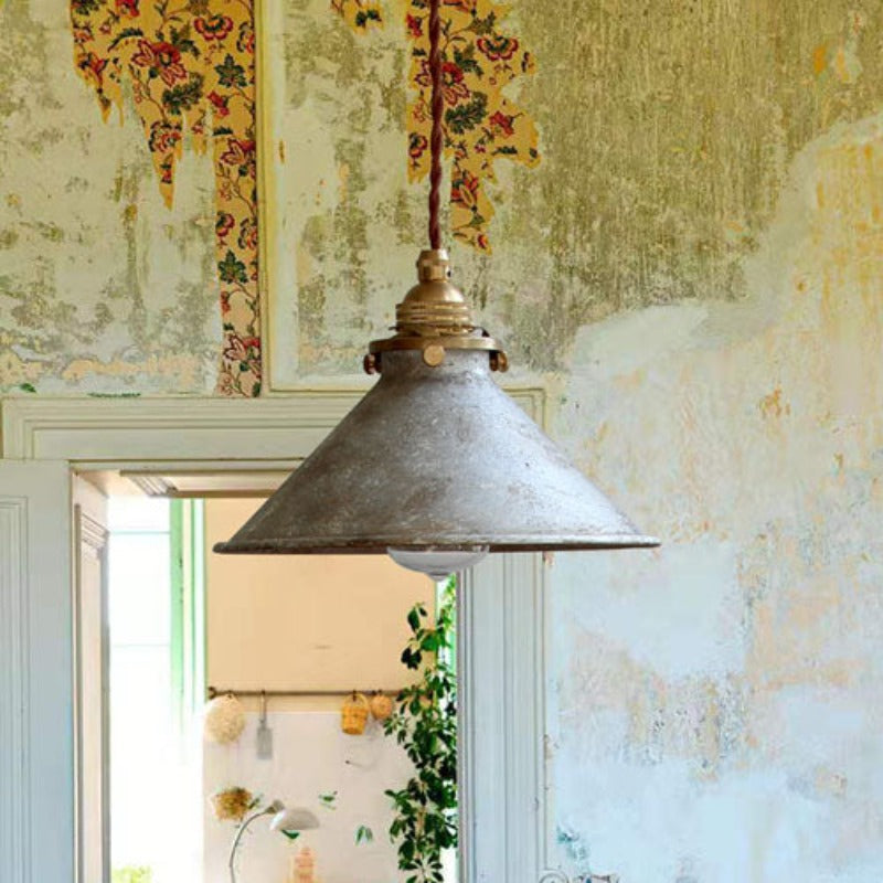 Vintage Metal Pendant Light with Distressed Cone Shade