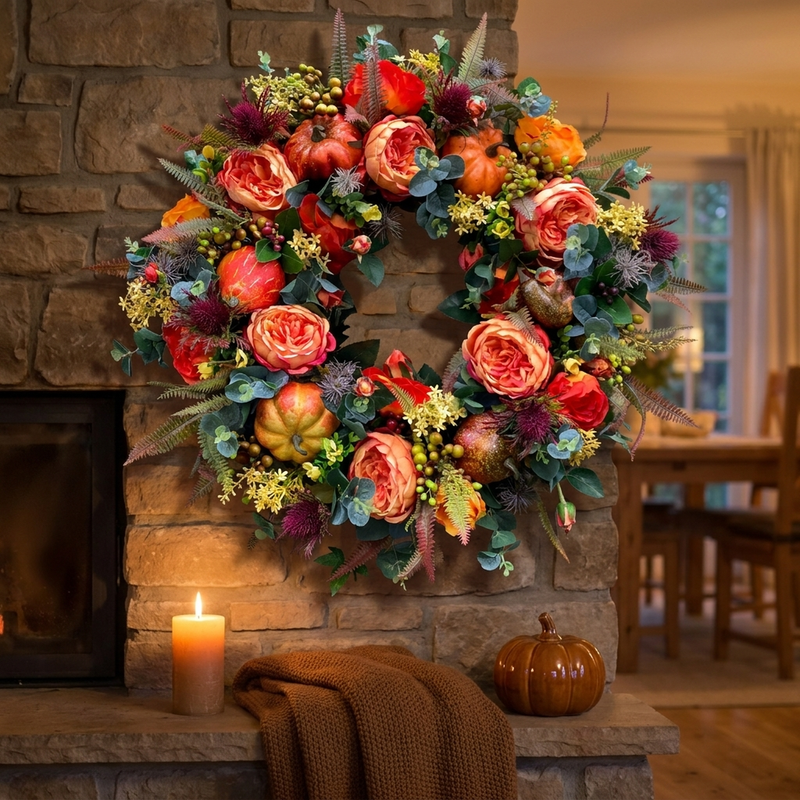 Autumn Floral Wreath with Pumpkins and Layered Foliage