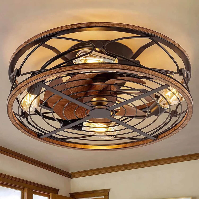 Industrial Flush Mount Ceiling Fan Light with Four Lamps
