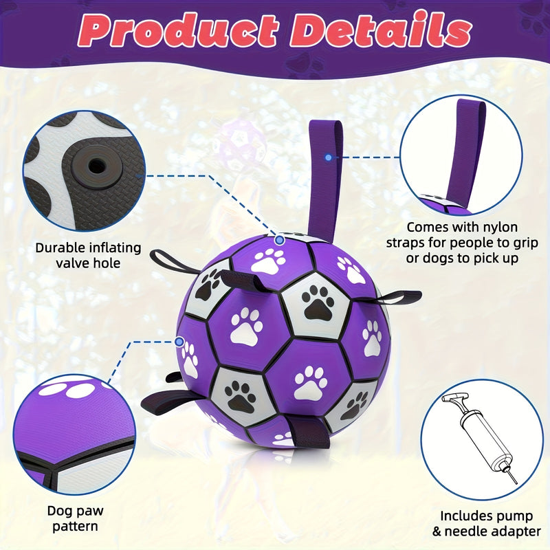 Rubber dog play ball with handles for indoor and outdoor use