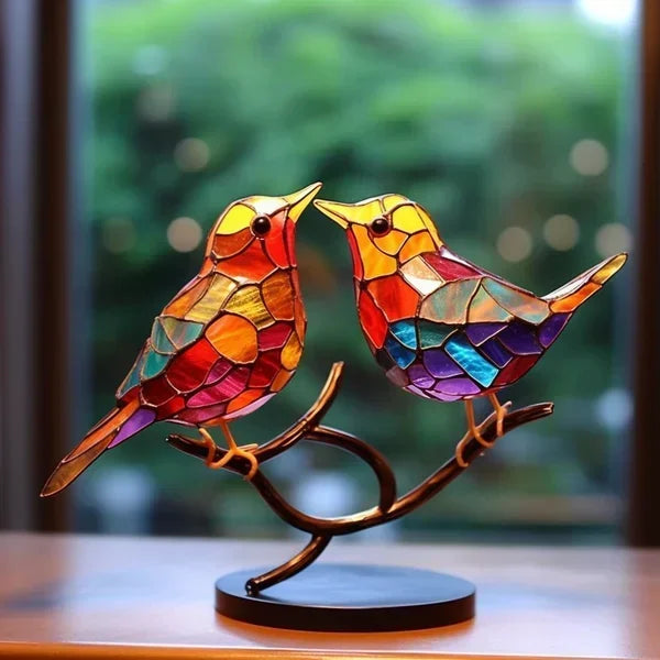 Modern bird table sculpture with coloured glass and decorative art design