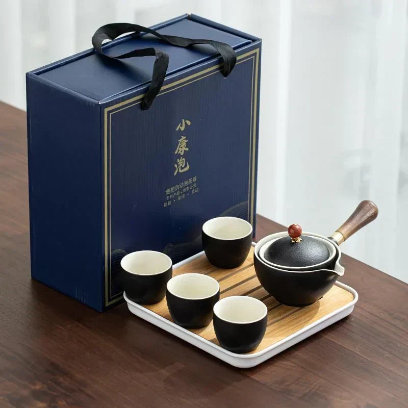 Porcelain Gongfu Tea Set with Wooden Side Handle & Fitted Lid