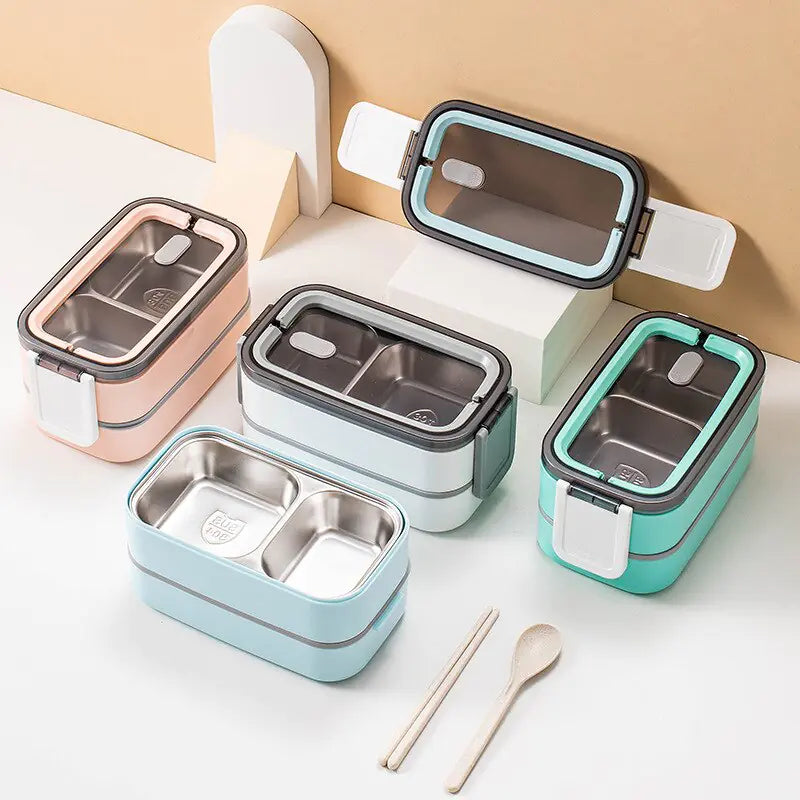 Two-Tier Stainless Steel Bento Lunch Box with Divided Trays