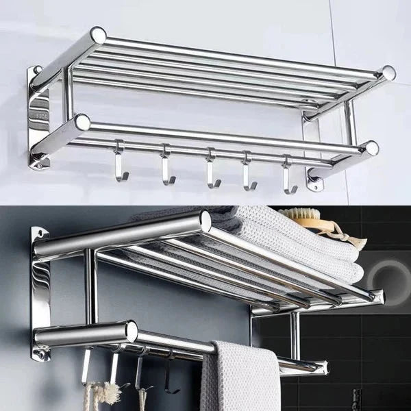 Wall-Mounted Stainless Steel Towel Rack with Shelf and Hooks