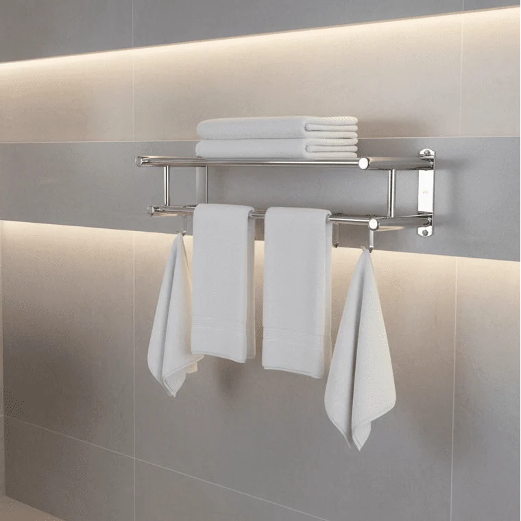 Wall-Mounted Stainless Steel Towel Rack with Shelf and Hooks