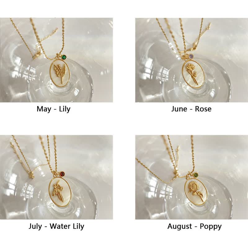 Necklace with Birth Flower Pendant and Decorative Birthstone