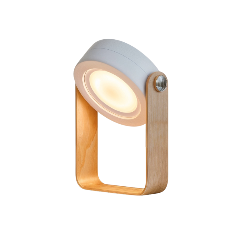 Dimmable LED Table Lamp with Wooden Frame and 360-Degree Adjustable Light