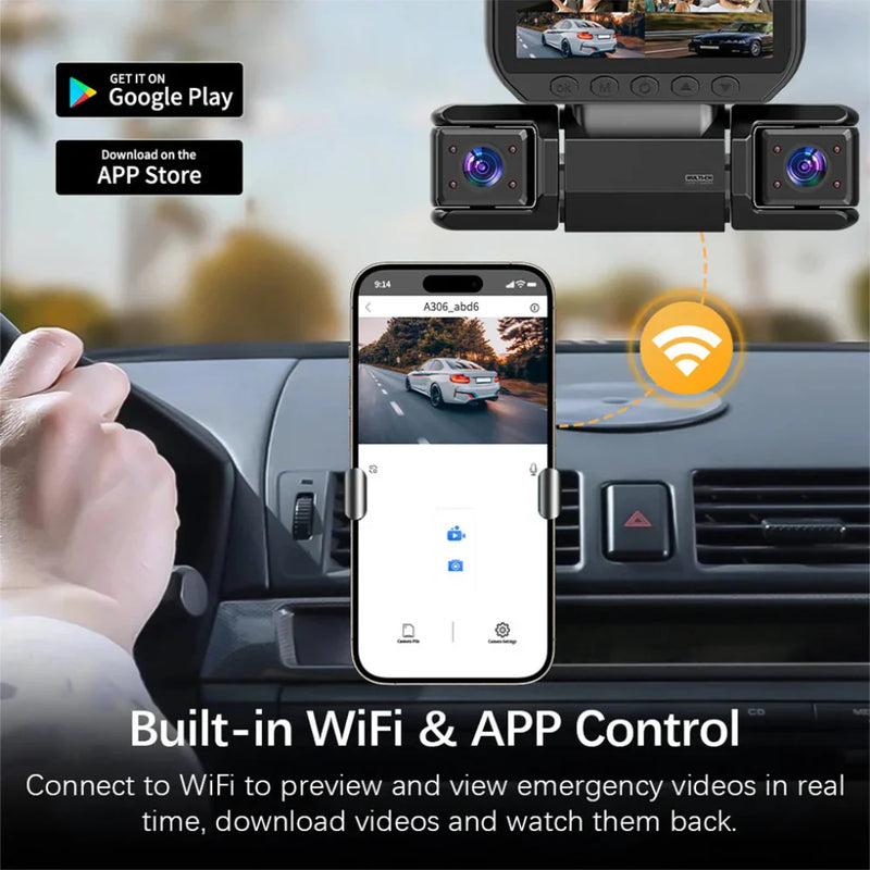 Dashcam System with 4 Cameras and WiFi for 360 Degree Security in Car