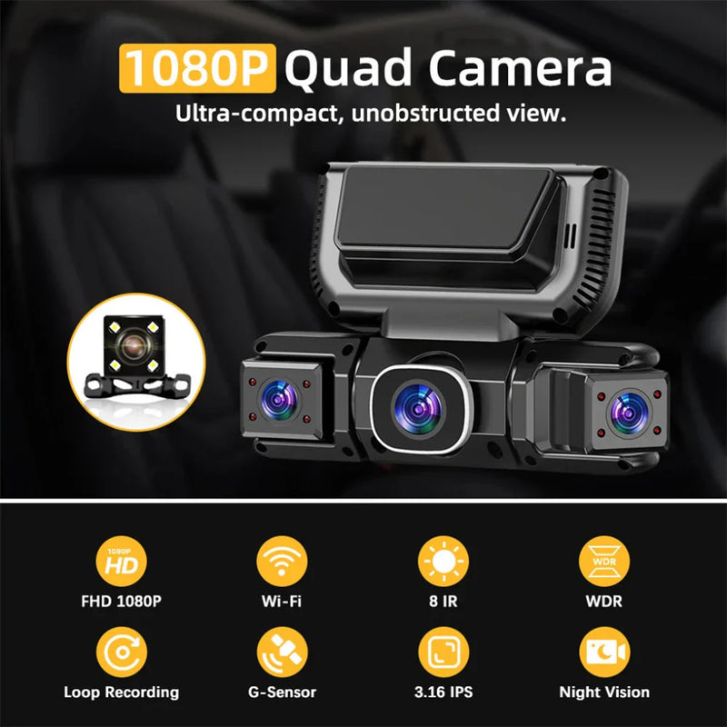 Dashcam System with 4 Cameras and WiFi for 360 Degree Security in Car