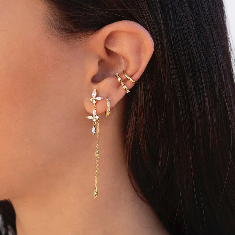 Chain Drop Earrings with Flower or Crown Cubic Zirconia Details