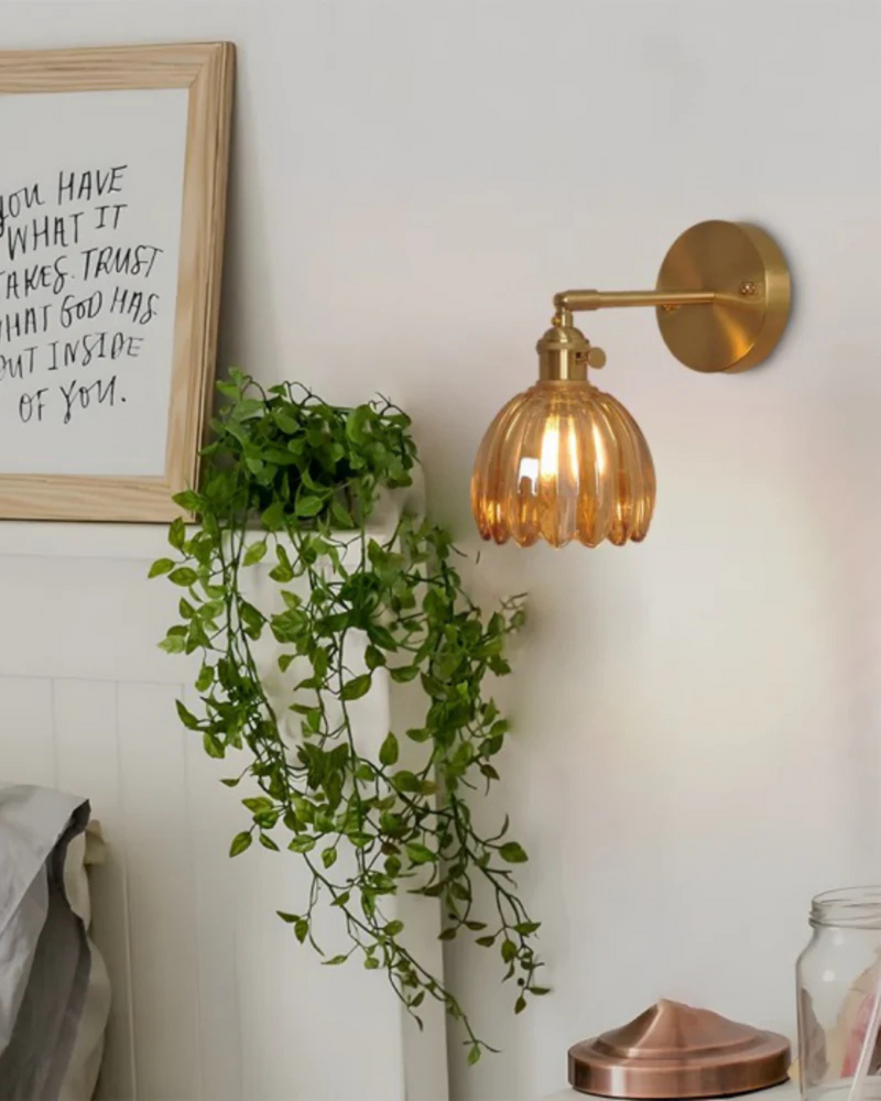 Flower-Inspired Glass Wall Sconce with Brass-Tone Fixture & Scalloped Shade