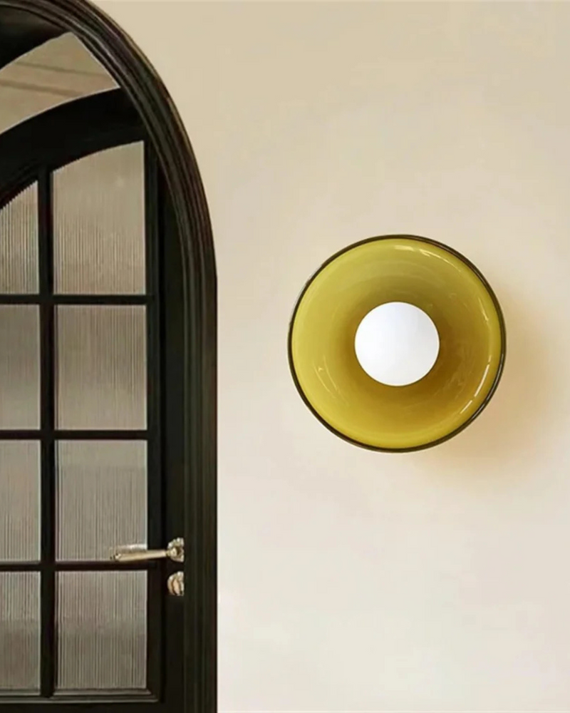 Sculptural Glass Wall Sconce with Central Globe Light & Circular Shade