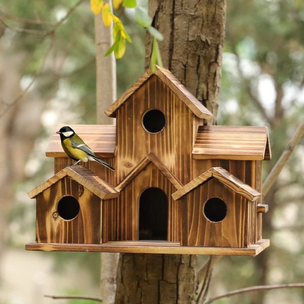 Rustic Wooden Hanging Birdhouse with Six Entrance Holes