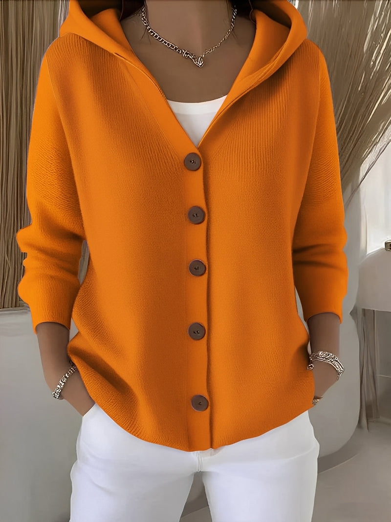 Knitted Women's Cardigan with Hood and Buttons for a Comfortable Casual Look