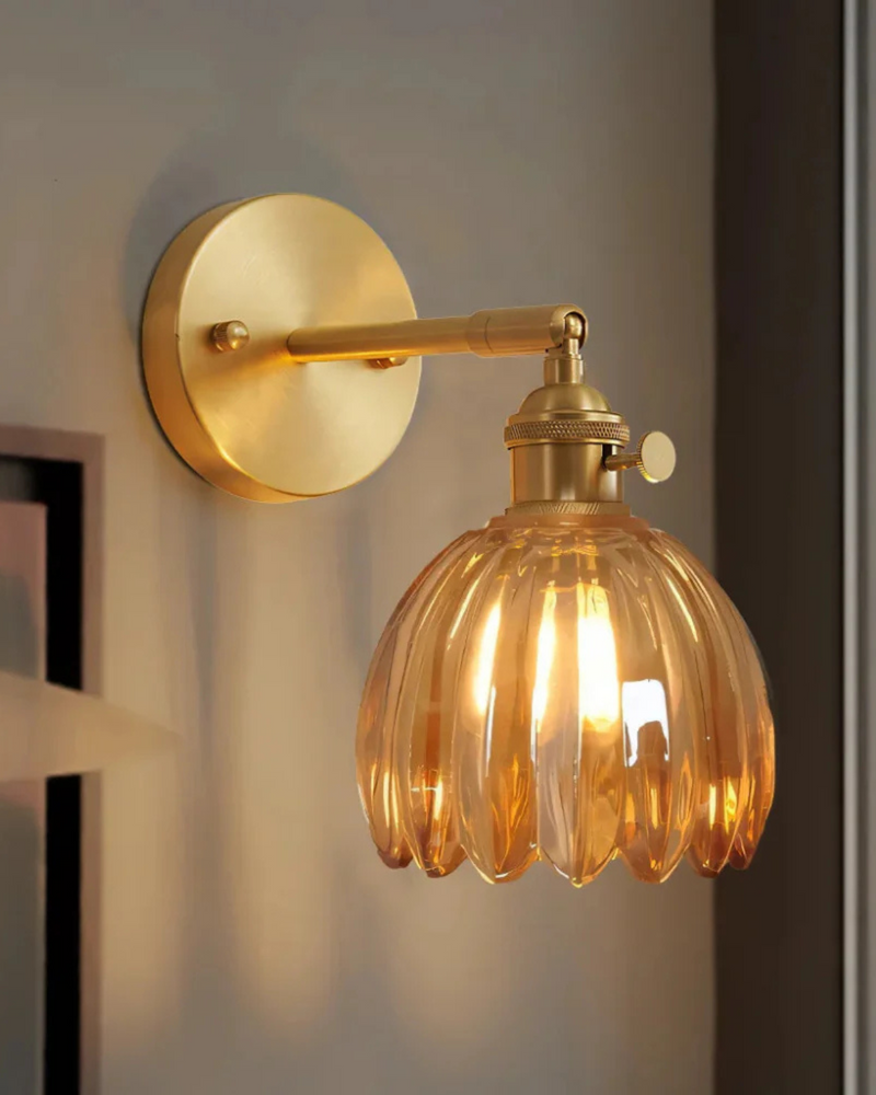 Flower-Inspired Glass Wall Sconce with Brass-Tone Fixture & Scalloped Shade