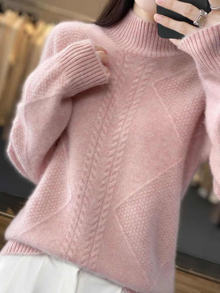 Cashmere Roll Neck Jumper for Women – Cable Knit Pattern and Soft Warmth