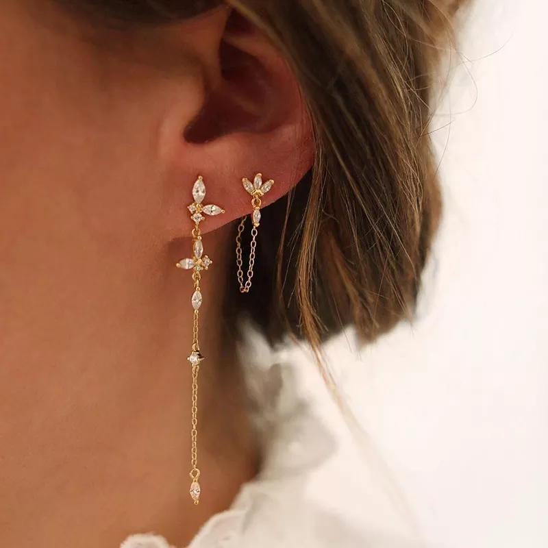 Chain Drop Earrings with Flower or Crown Cubic Zirconia Details