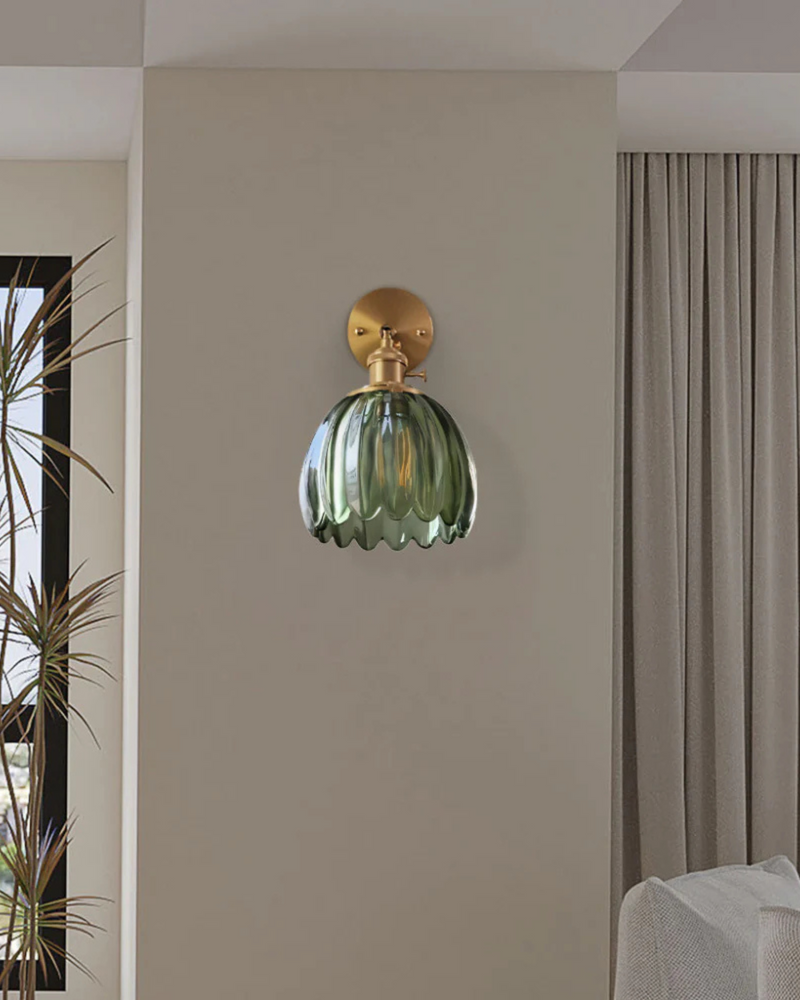 Flower-Inspired Glass Wall Sconce with Brass-Tone Fixture & Scalloped Shade
