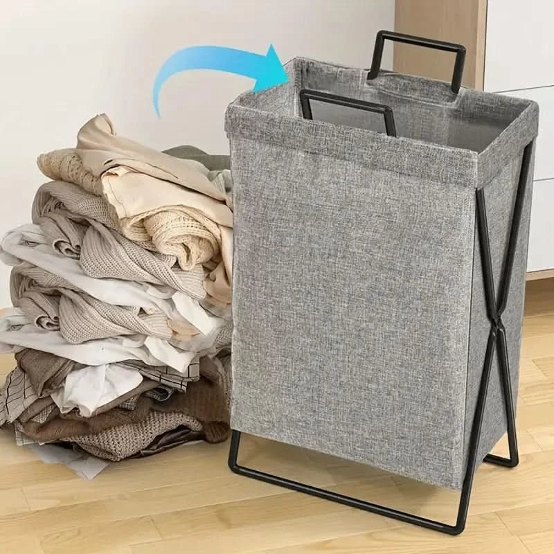 Foldable Laundry Basket with Metal Frame and Woven Fabric Storage Bag