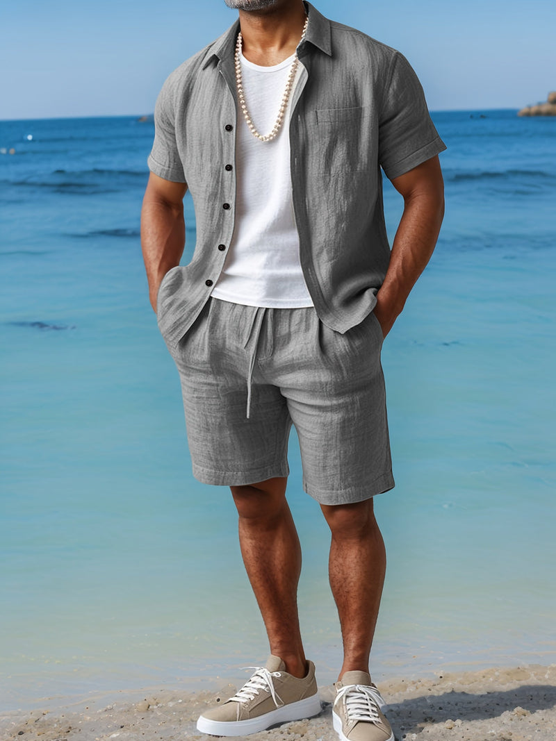 Linen Summer Set for Men with Short Sleeve Shirt and Comfortable Shorts