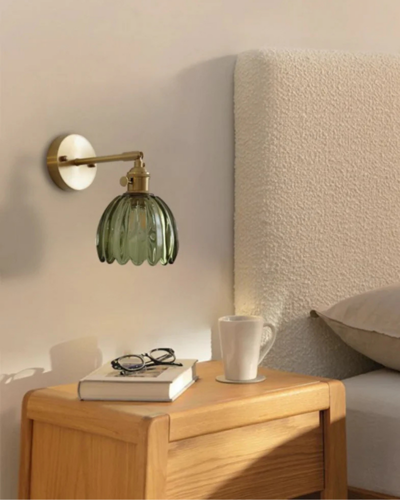 Flower-Inspired Glass Wall Sconce with Brass-Tone Fixture & Scalloped Shade
