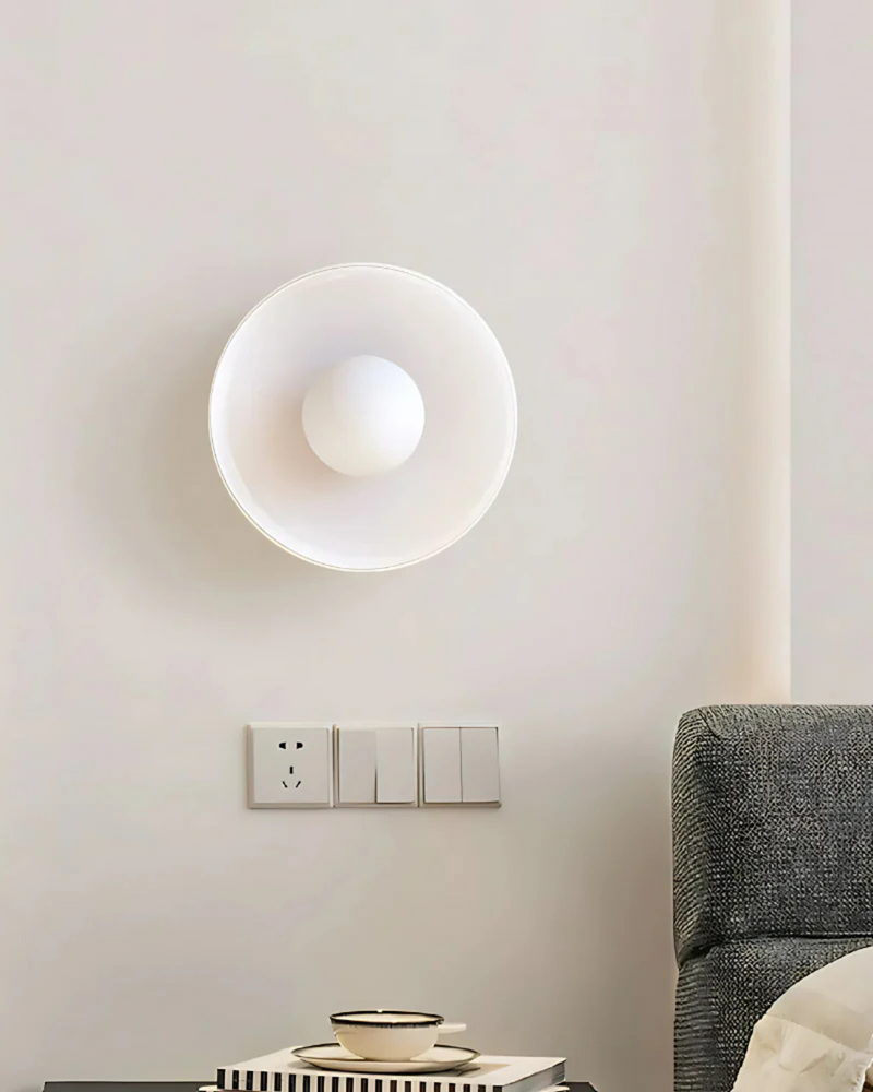 Sculptural Glass Wall Sconce with Central Globe Light & Circular Shade