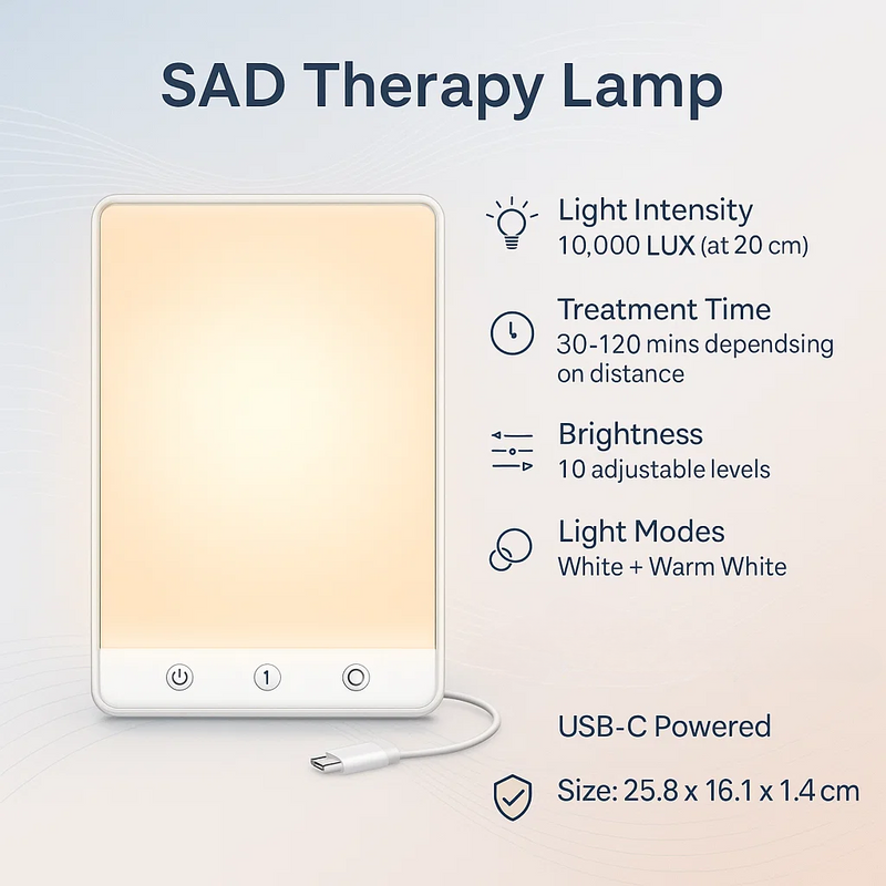10,000 Lux SAD Light Therapy Lamp with Adjustable Brightness & Timer