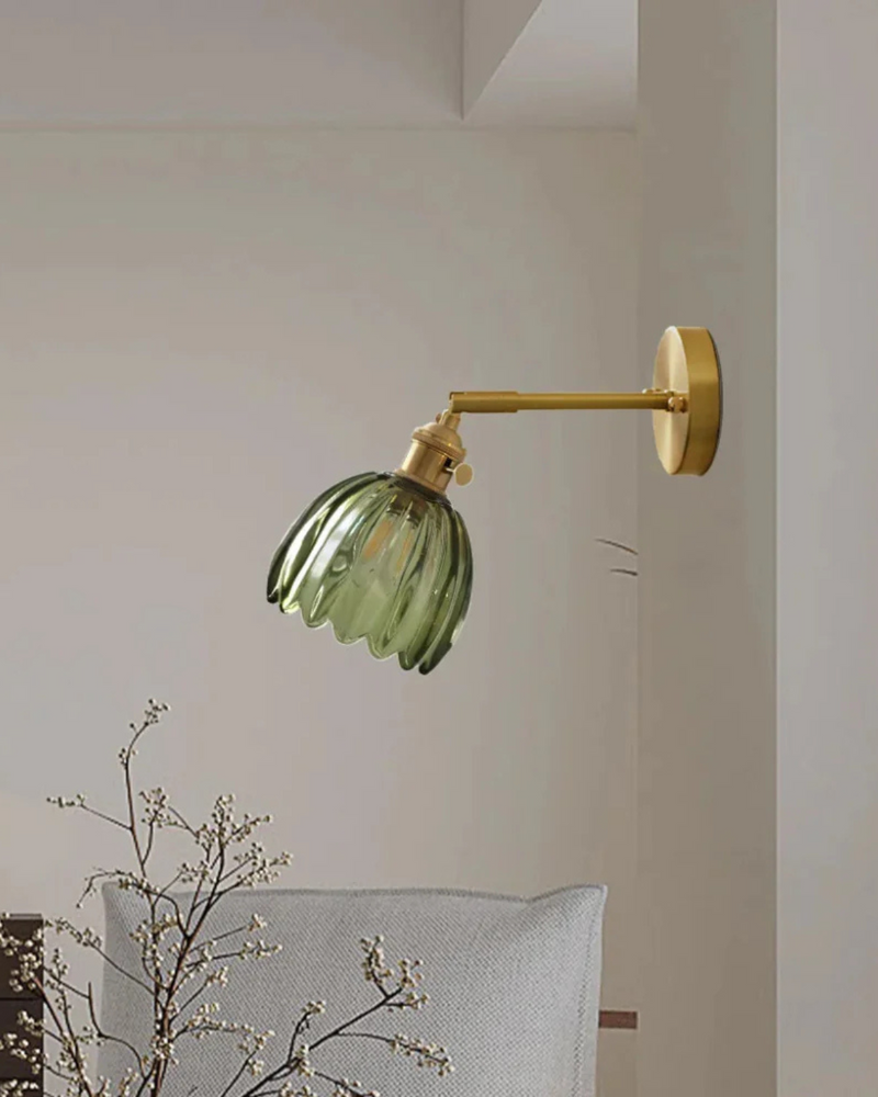 Flower-Inspired Glass Wall Sconce with Brass-Tone Fixture & Scalloped Shade