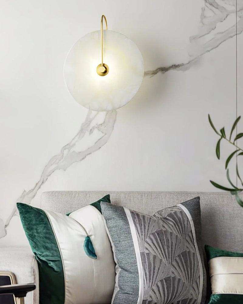 Alabaster LED Wall Lamp with Circular Stone Shade & Warm Ambient Light