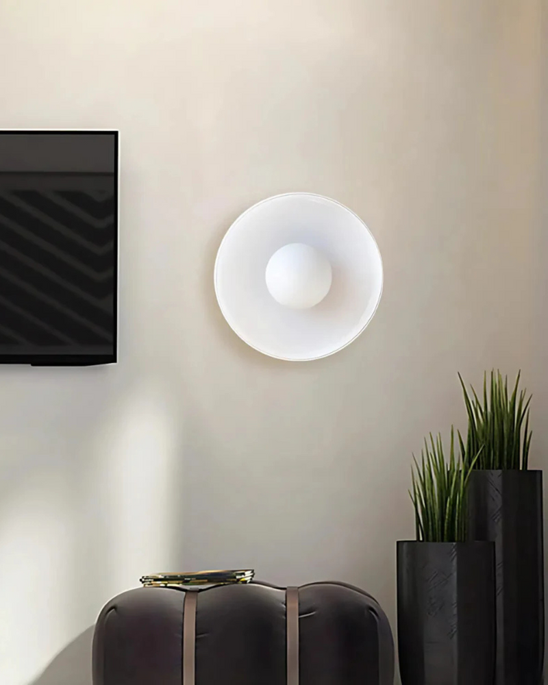 Sculptural Glass Wall Sconce with Central Globe Light & Circular Shade