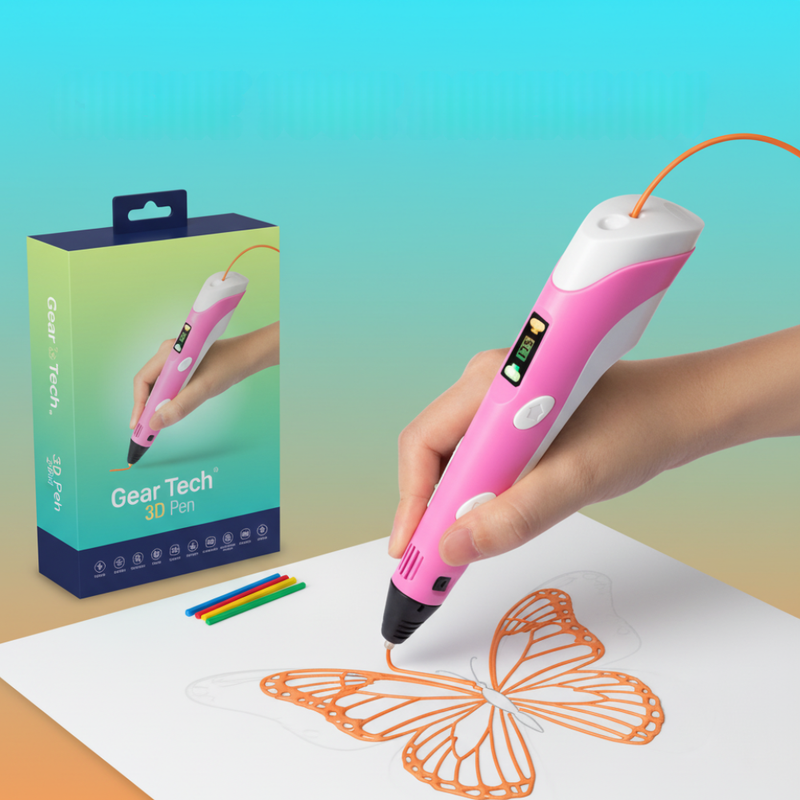 Geartech 3D Printing Pen with Adjustable Speed & 50 m Colour Filament Set