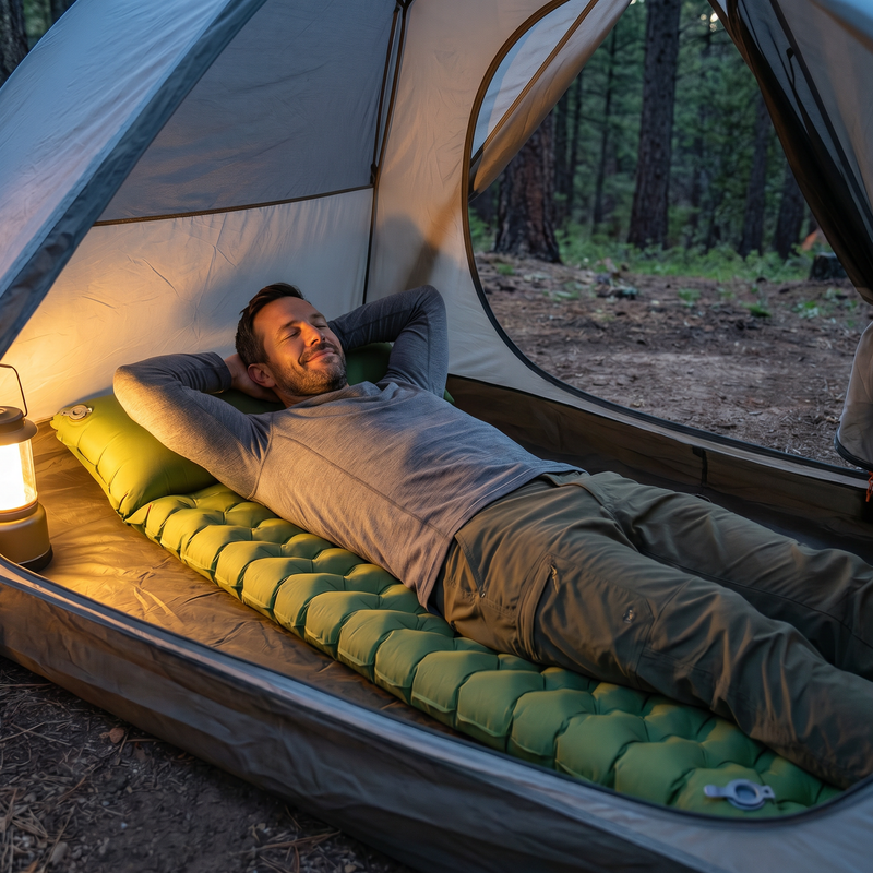 Inflatable Camping Sleeping Mat with Built-In Foot Pump & Pillow