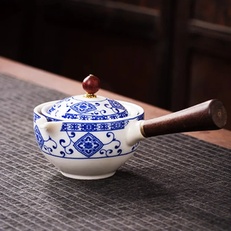 Porcelain Gongfu Tea Set with Wooden Side Handle & Fitted Lid