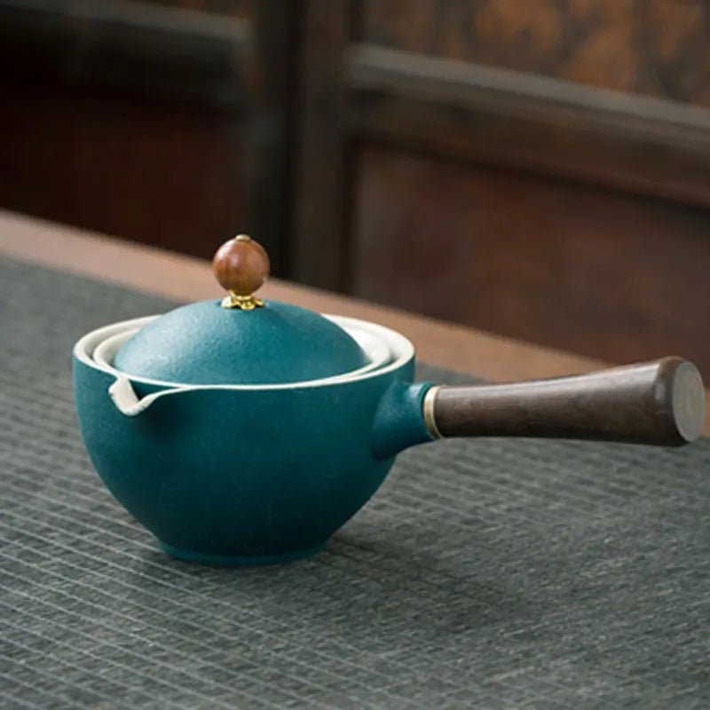 Porcelain Gongfu Tea Set with Wooden Side Handle & Fitted Lid