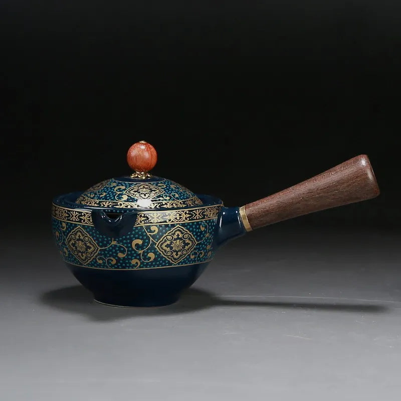 Porcelain Gongfu Tea Set with Wooden Side Handle & Fitted Lid