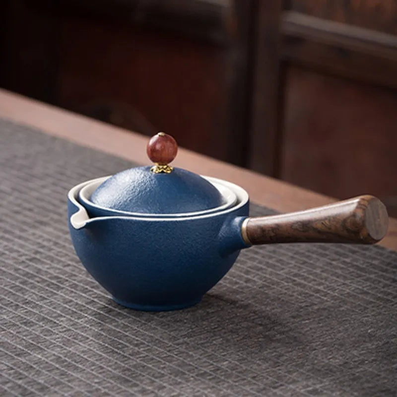 Porcelain Gongfu Tea Set with Wooden Side Handle & Fitted Lid