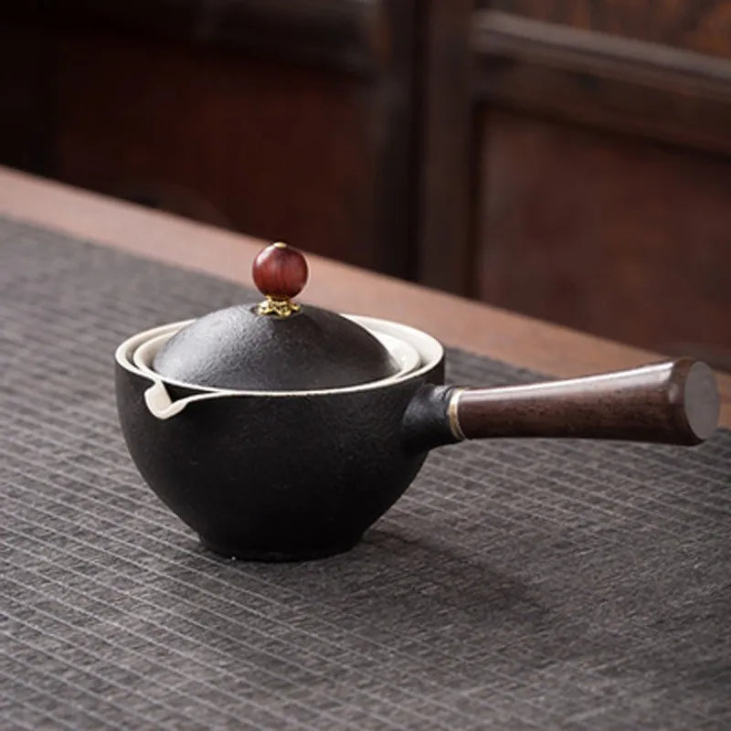 Porcelain Gongfu Tea Set with Wooden Side Handle & Fitted Lid