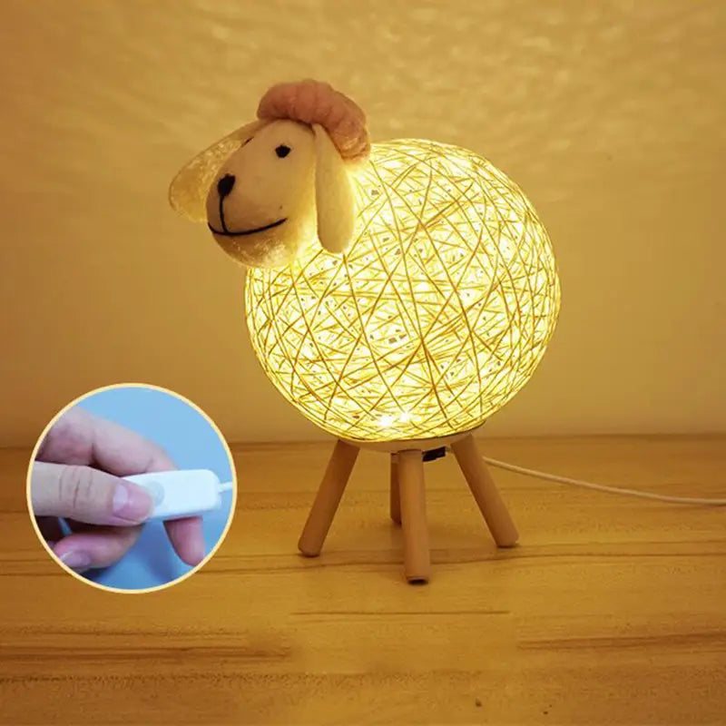 Sheep Night Light with Woven Shade and Wooden Base for a Warm Atmosphere
