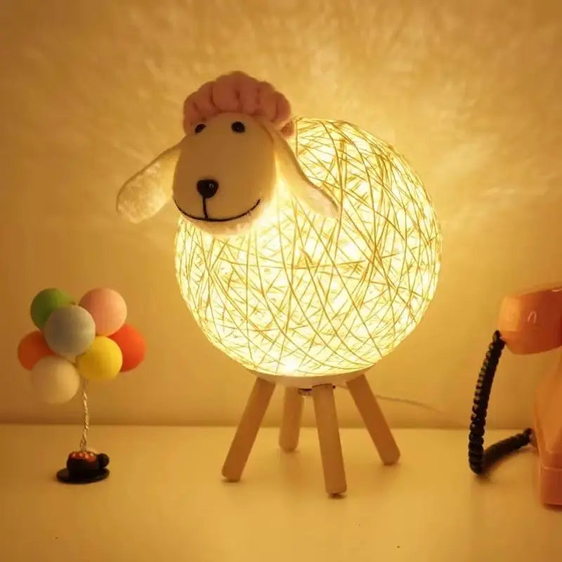 Sheep Night Light with Woven Shade and Wooden Base for a Warm Atmosphere