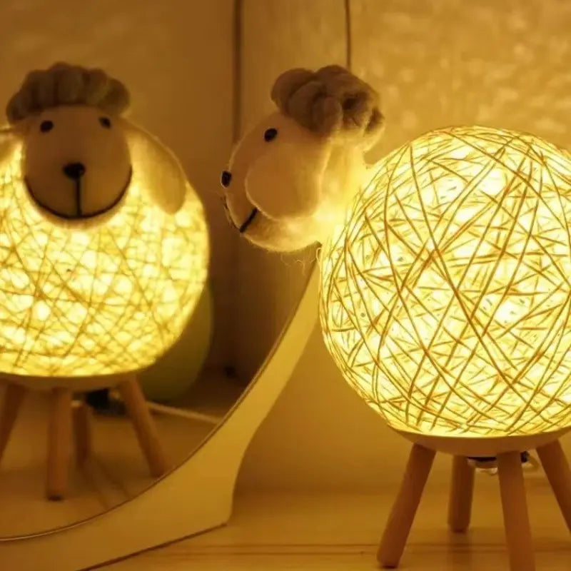 Sheep Night Light with Woven Shade and Wooden Base for a Warm Atmosphere
